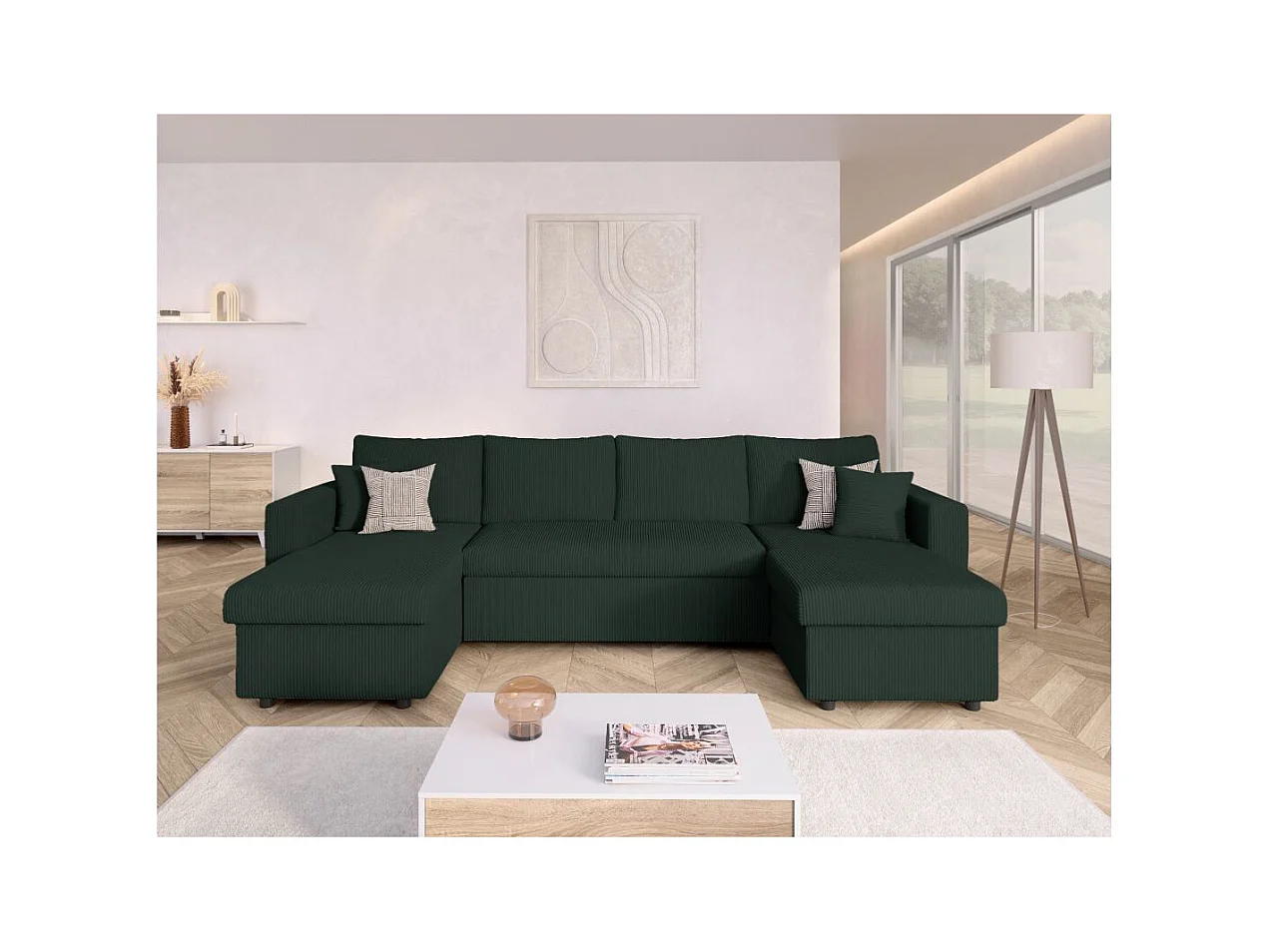 Canapé panoramique 6 places Maria convertible avec 2 coffres en velours côtelé - Vert foncé - L295 x P146 x H81cm - Loungitude