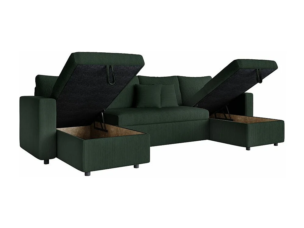 Canapé panoramique 6 places Maria convertible avec 2 coffres en velours côtelé - Vert foncé - L295 x P146 x H81cm - Loungitude