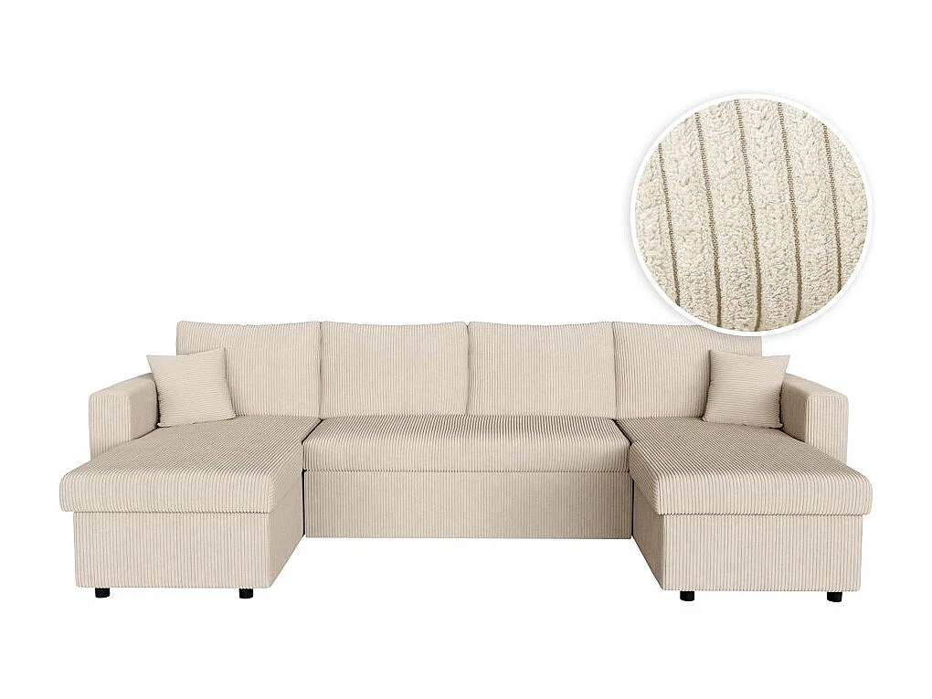 Canapé panoramique 6 places Maria convertible avec 2 coffres en velours côtelé - Beige - L295 x P146 x H81cm - Loungitude