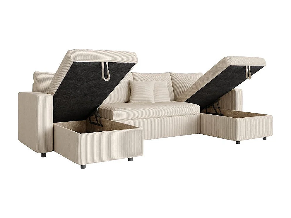 Canapé panoramique 6 places Maria convertible avec 2 coffres en velours côtelé - Beige - L295 x P146 x H81cm - Loungitude