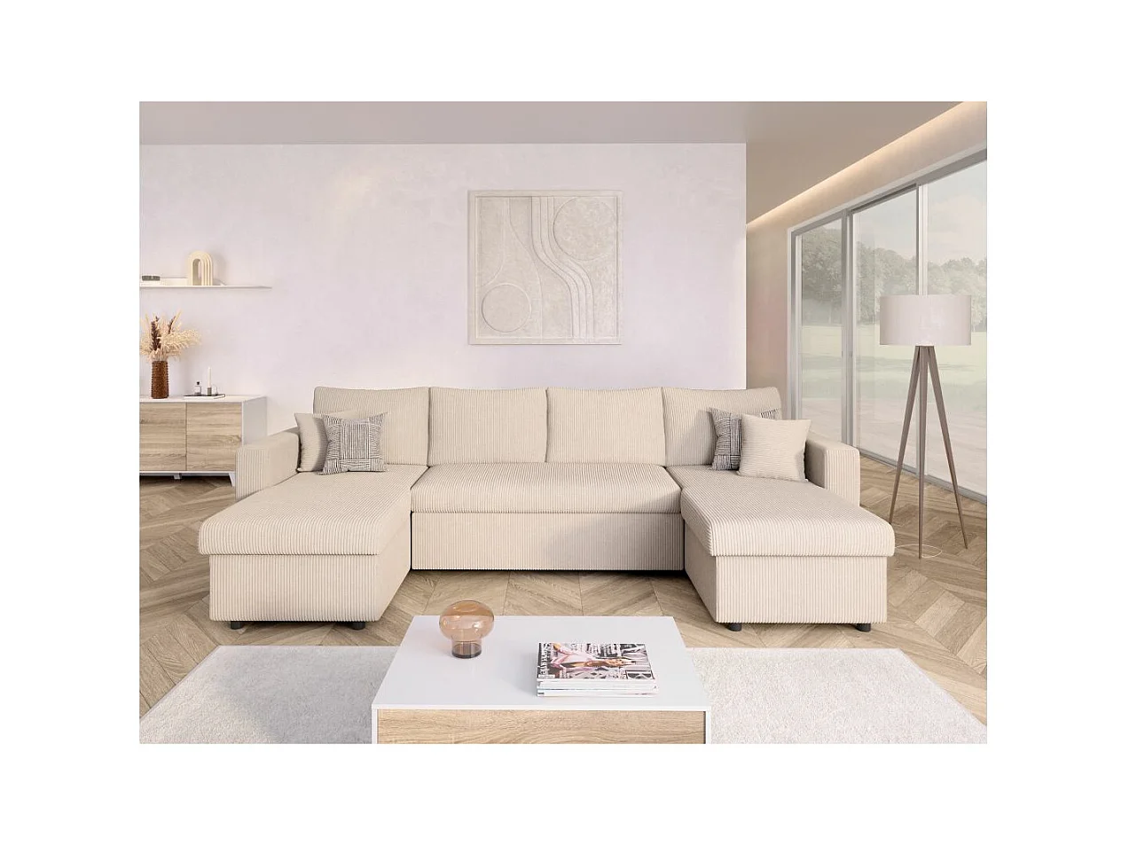 Canapé panoramique 6 places Maria convertible avec 2 coffres en velours côtelé - Beige - L295 x P146 x H81cm - Loungitude