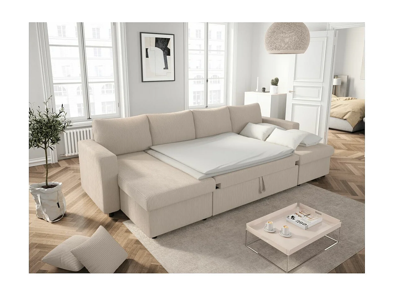 Canapé panoramique 6 places Maria convertible avec 2 coffres en velours côtelé - Beige - L295 x P146 x H81cm - Loungitude