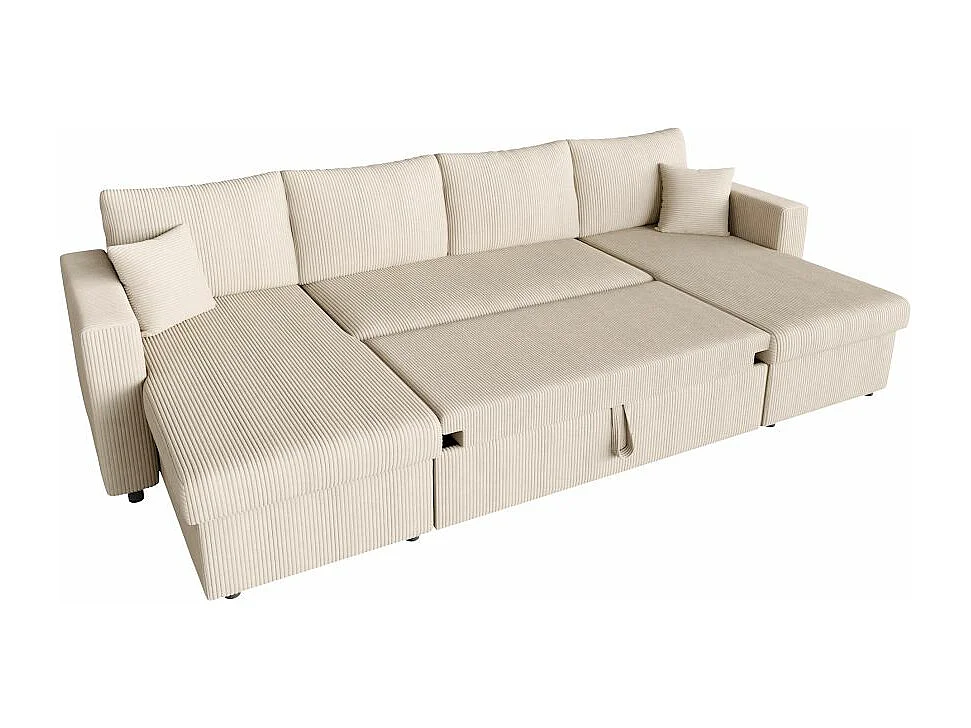 Canapé panoramique 6 places Maria convertible avec 2 coffres en velours côtelé - Beige - L295 x P146 x H81cm - Loungitude