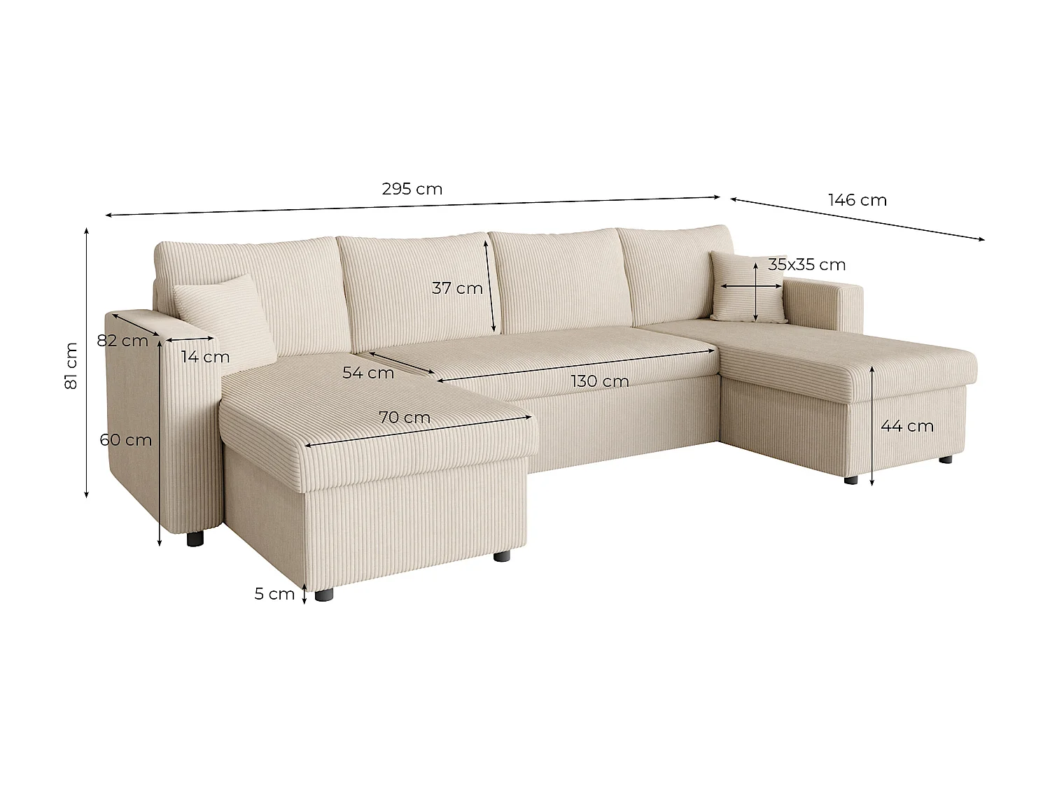 Canapé panoramique 6 places Maria convertible avec 2 coffres en velours côtelé - Beige - L295 x P146 x H81cm - Loungitude