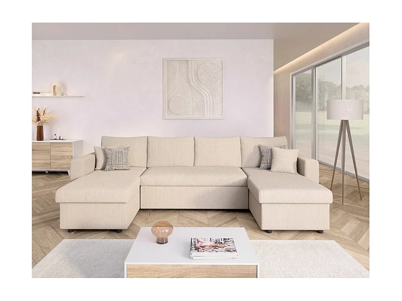 Canapé panoramique 6 places Maria convertible avec 2 coffres en velours côtelé - Beige - L295 x P146 x H81cm - Loungitude