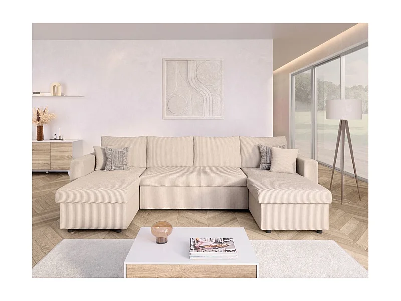 Canapé panoramique 6 places Maria convertible avec 2 coffres en velours côtelé - Beige - L295 x P146 x H81cm - Loungitude