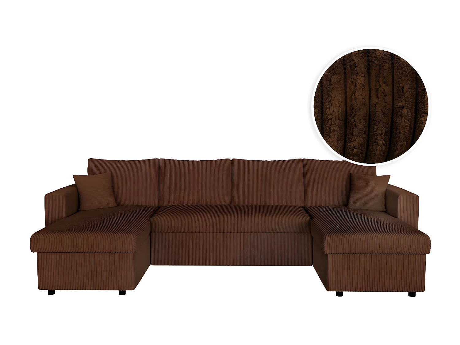 Canapé panoramique 6 places Maria convertible avec 2 coffres en velours côtelé - Marron - L295 x P146 x H81cm - Loungitude