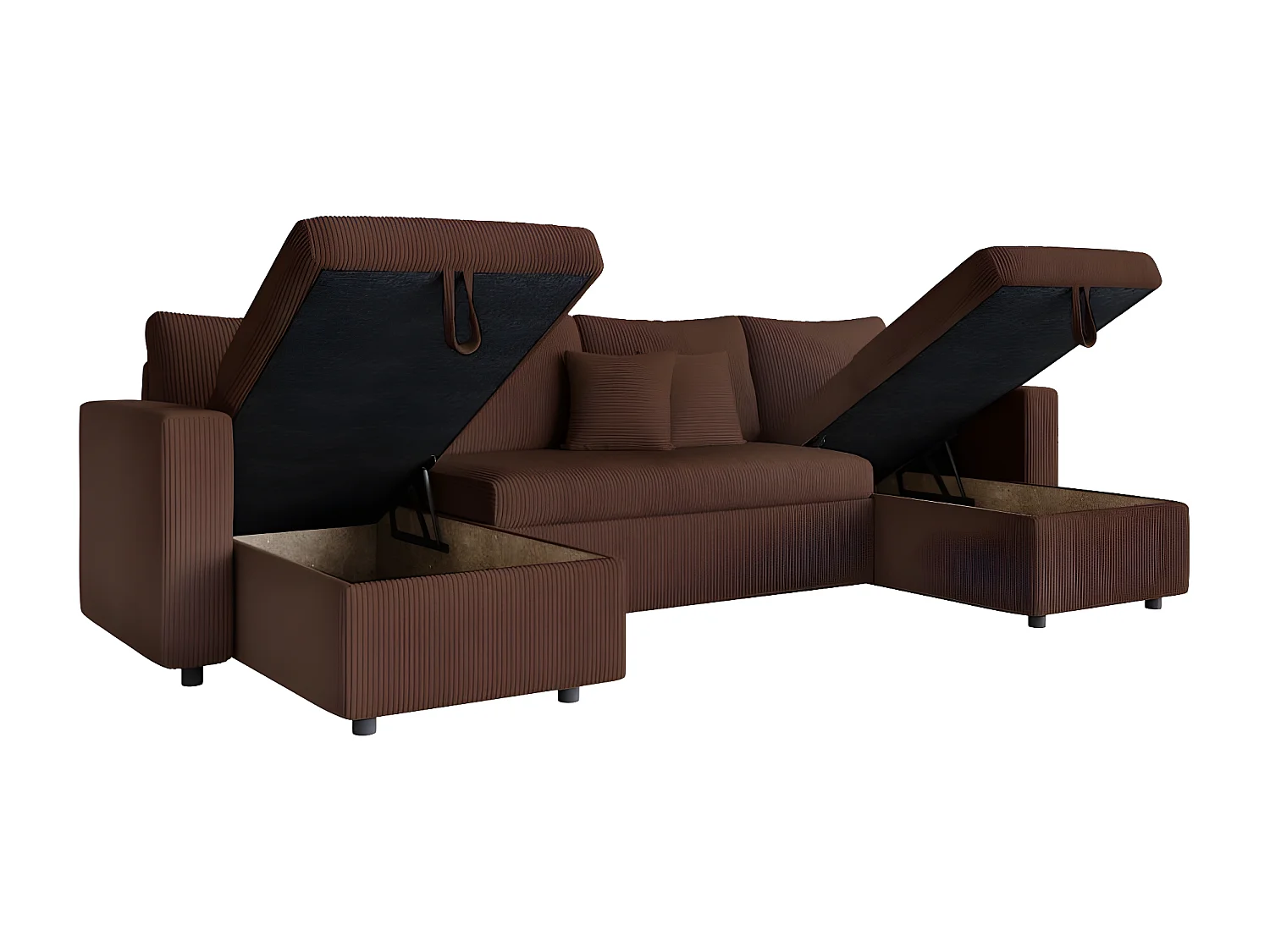 Canapé panoramique 6 places Maria convertible avec 2 coffres en velours côtelé - Marron - L295 x P146 x H81cm - Loungitude