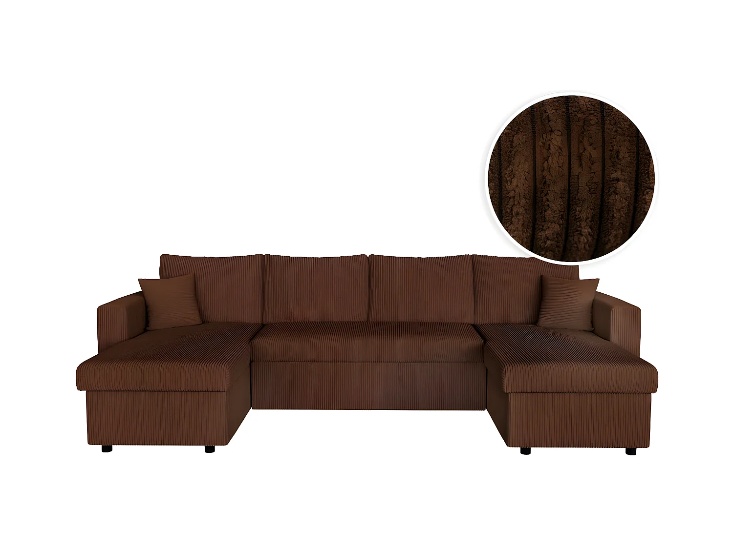 Canapé panoramique 6 places Maria convertible avec 2 coffres en velours côtelé - Marron - L295 x P146 x H81cm - Loungitude