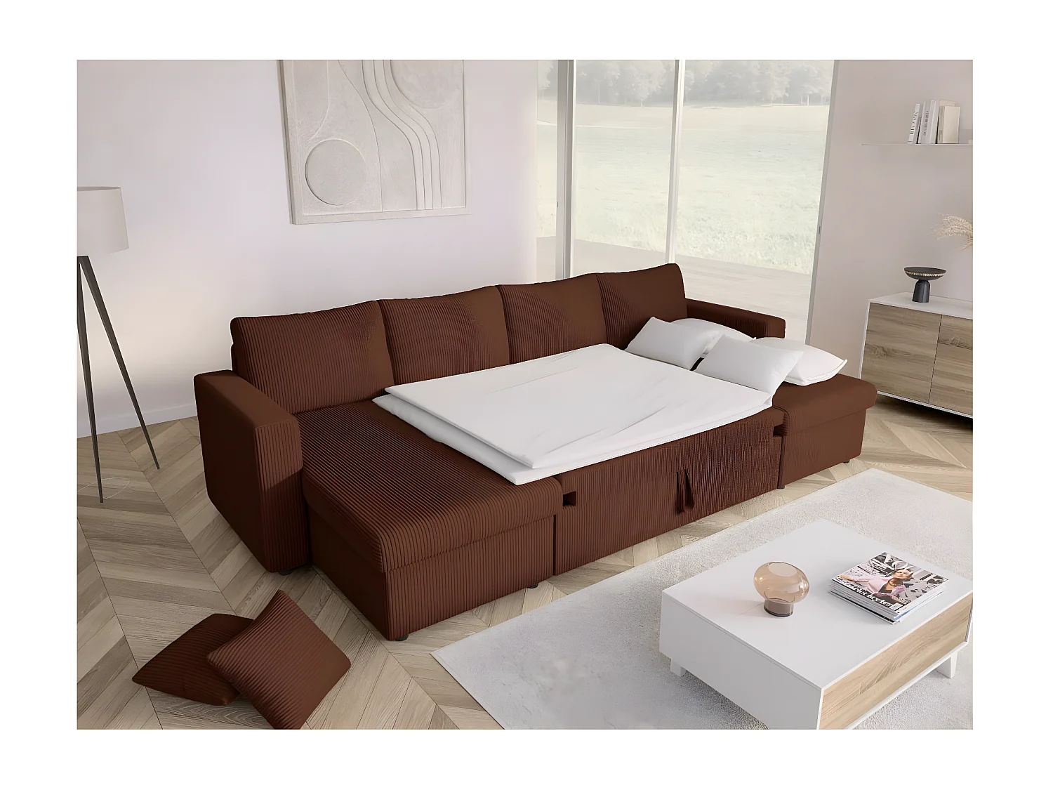 Canapé panoramique 6 places Maria convertible avec 2 coffres en velours côtelé - Marron - L295 x P146 x H81cm - Loungitude