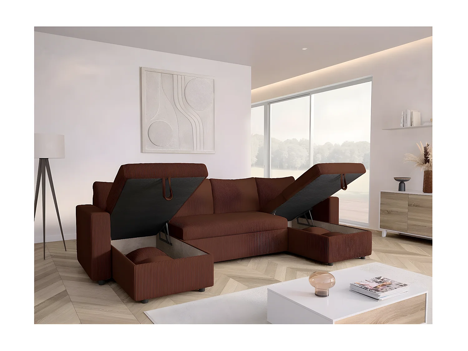 Canapé panoramique 6 places Maria convertible avec 2 coffres en velours côtelé - Marron - L295 x P146 x H81cm - Loungitude