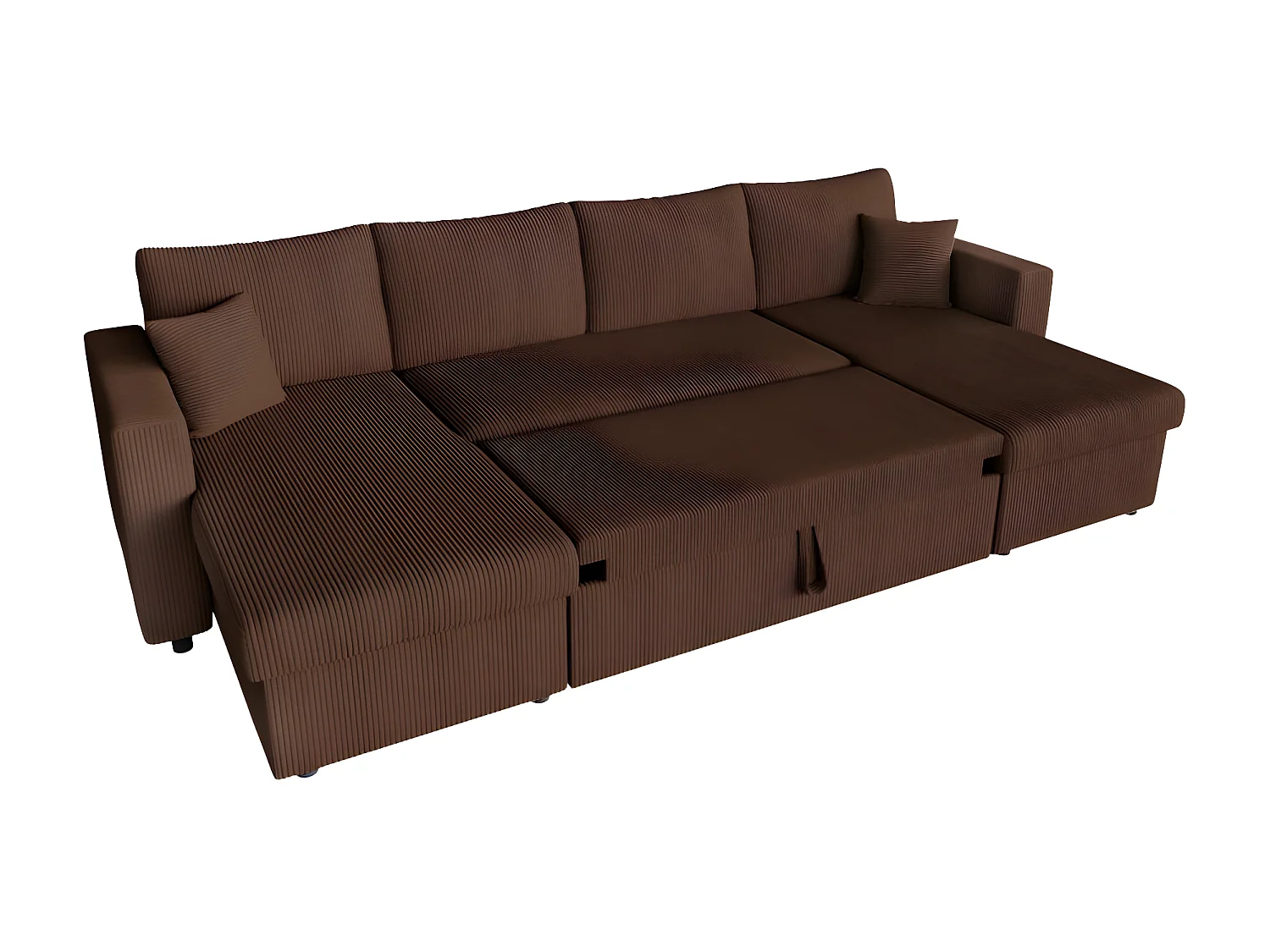 Canapé panoramique 6 places Maria convertible avec 2 coffres en velours côtelé - Marron - L295 x P146 x H81cm - Loungitude