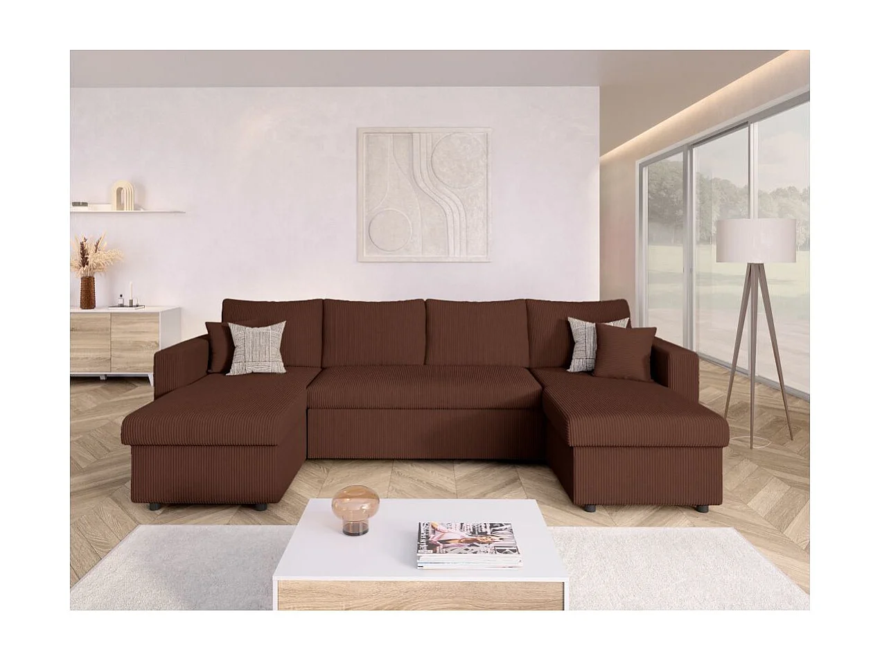 Canapé panoramique 6 places Maria convertible avec 2 coffres en velours côtelé - Marron - L295 x P146 x H81cm - Loungitude