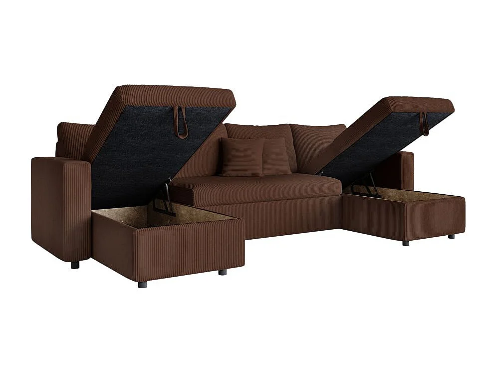 Canapé panoramique 6 places Maria convertible avec 2 coffres en velours côtelé - Marron - L295 x P146 x H81cm - Loungitude