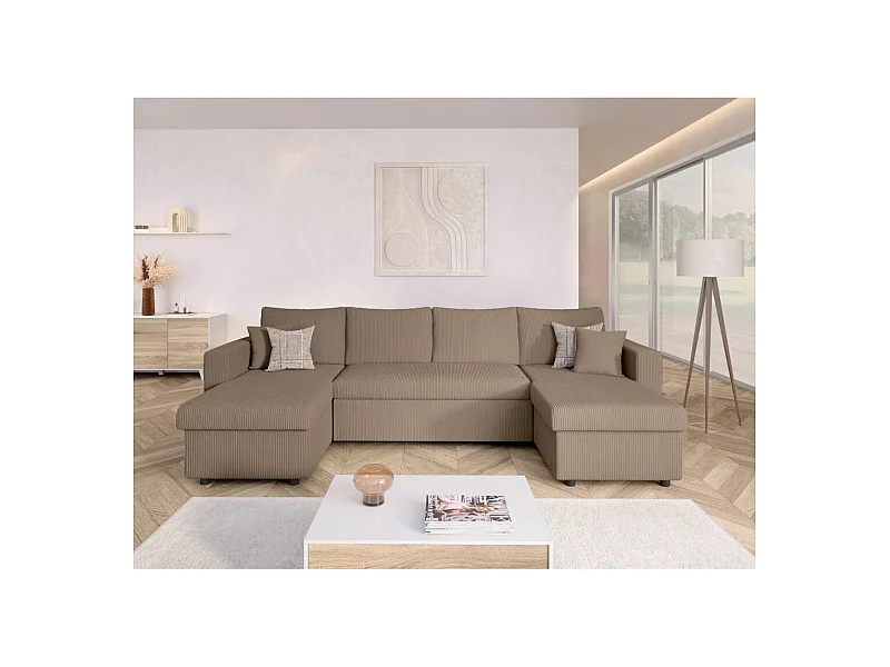 Canapé panoramique 6 places Maria convertible avec 2 coffres en velours côtelé - Taupe - L295 x P146 x H81cm - Loungitude