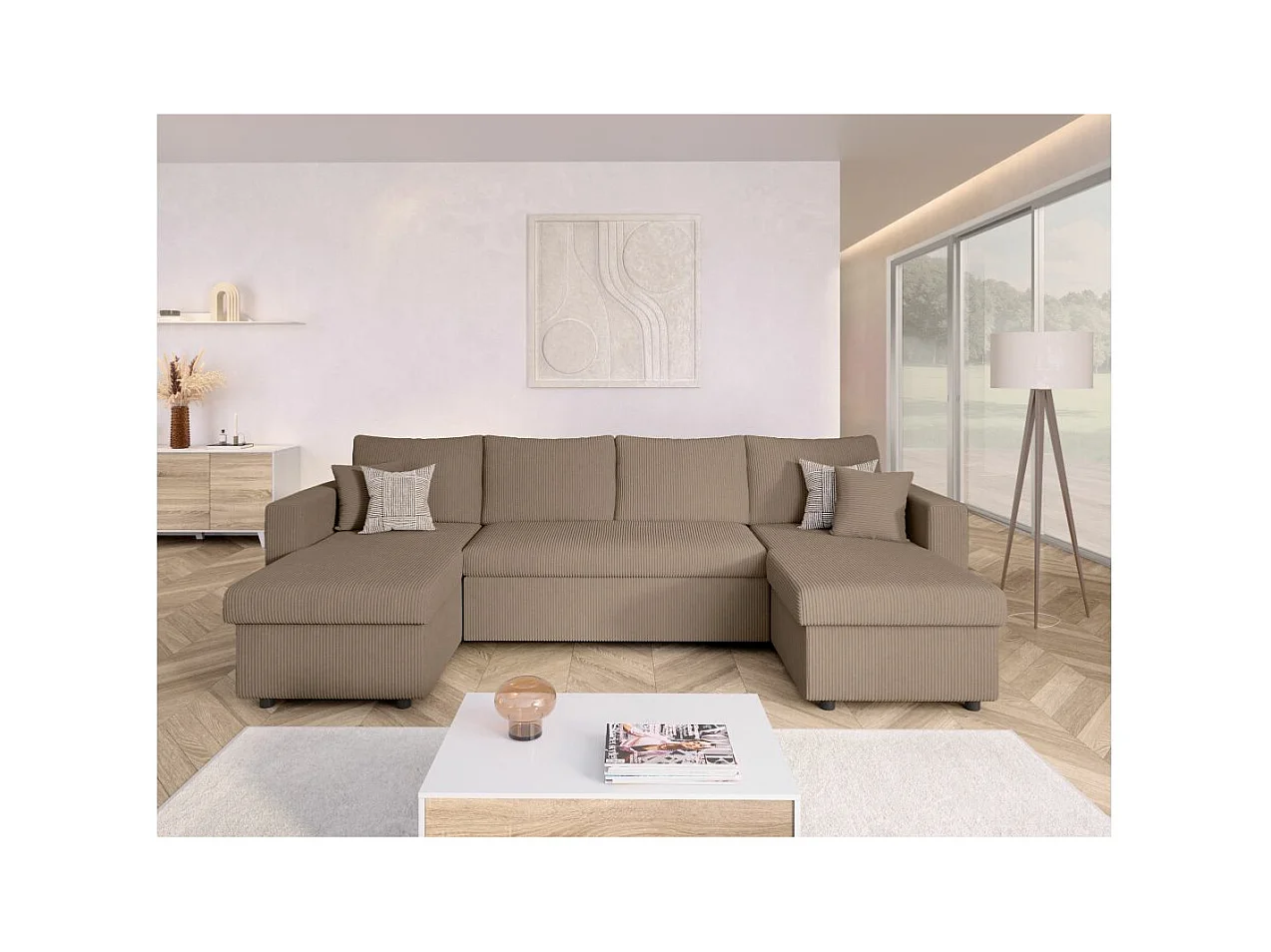 Canapé panoramique 6 places Maria convertible avec 2 coffres en velours côtelé - Taupe - L295 x P146 x H81cm - Loungitude