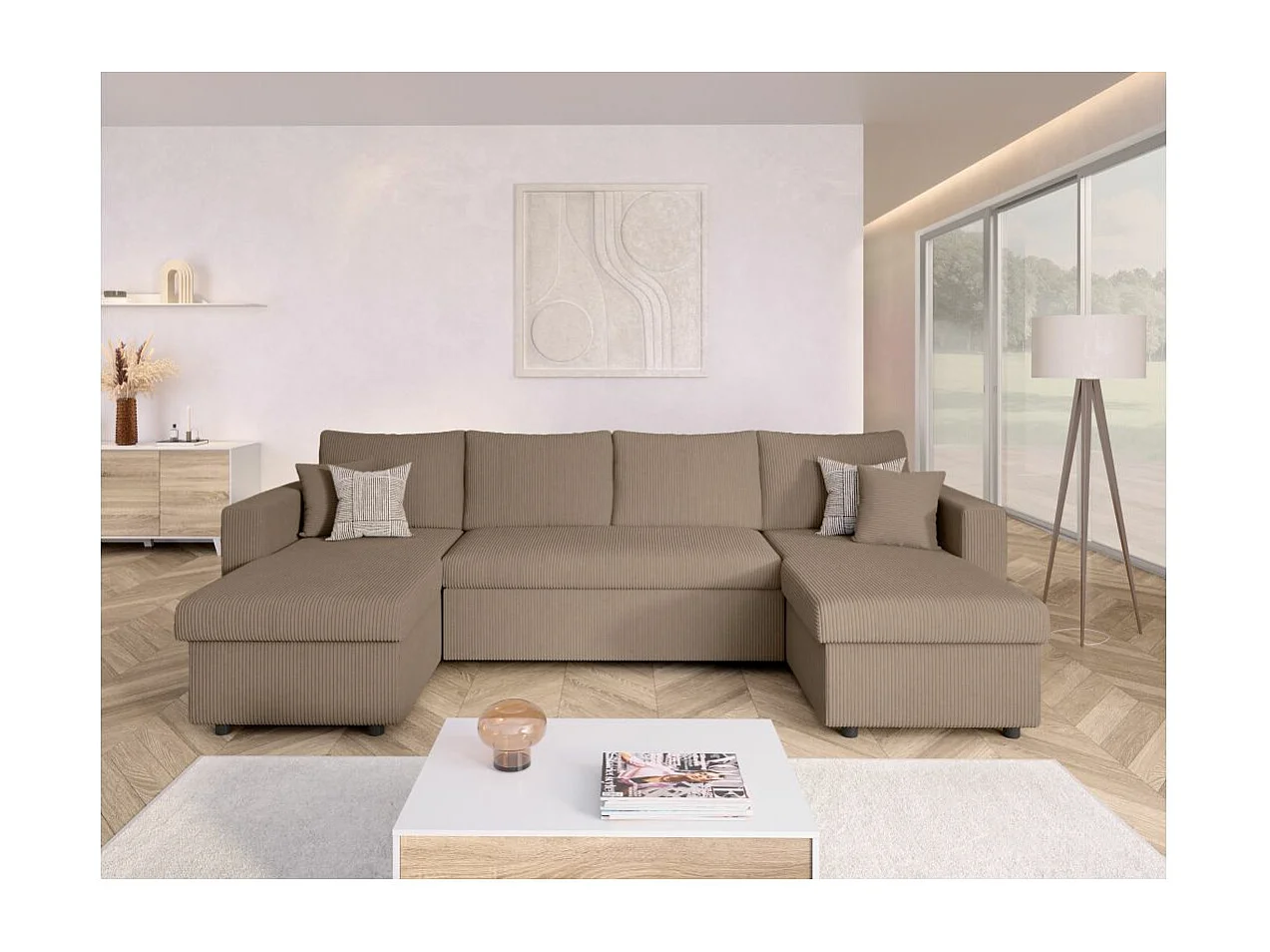 Canapé panoramique 6 places Maria convertible avec 2 coffres en velours côtelé - Taupe - L295 x P146 x H81cm - Loungitude