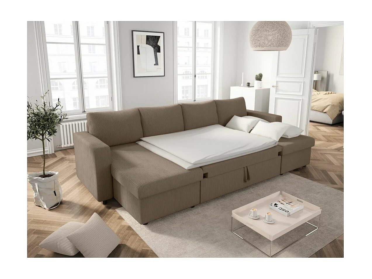 Canapé panoramique 6 places Maria convertible avec 2 coffres en velours côtelé - Taupe - L295 x P146 x H81cm - Loungitude