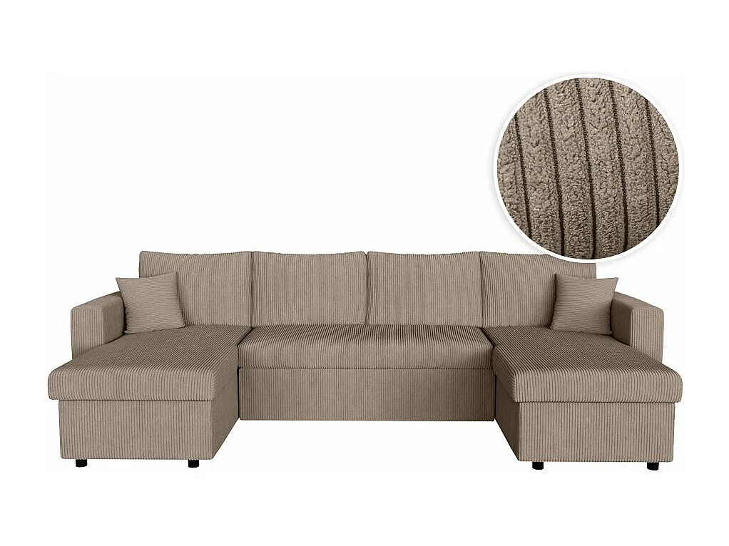 Canapé panoramique 6 places Maria convertible avec 2 coffres en velours côtelé - Taupe - L295 x P146 x H81cm - Loungitude