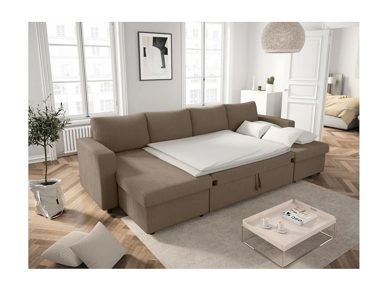 Canapé panoramique 6 places Maria convertible avec 2 coffres en velours côtelé - Taupe - L295 x P146 x H81cm - Loungitude