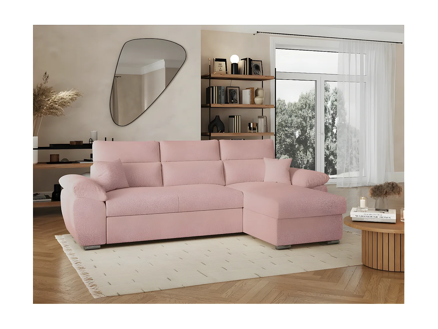 Canapé d'angle 4 places Komeco réversible convertible avec coffre en tissu bouclette - Rose - L265 x P166 x H91cm - Loungitude