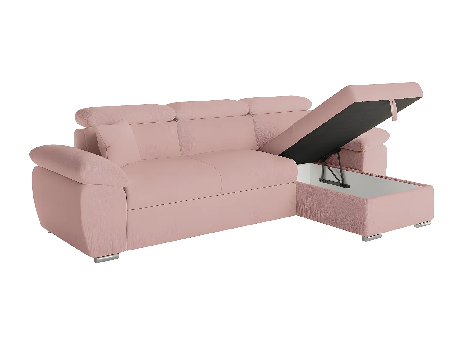 Canapé d'angle 4 places Komeco réversible convertible avec coffre en tissu bouclette - Rose - L265 x P166 x H91cm - Loungitude