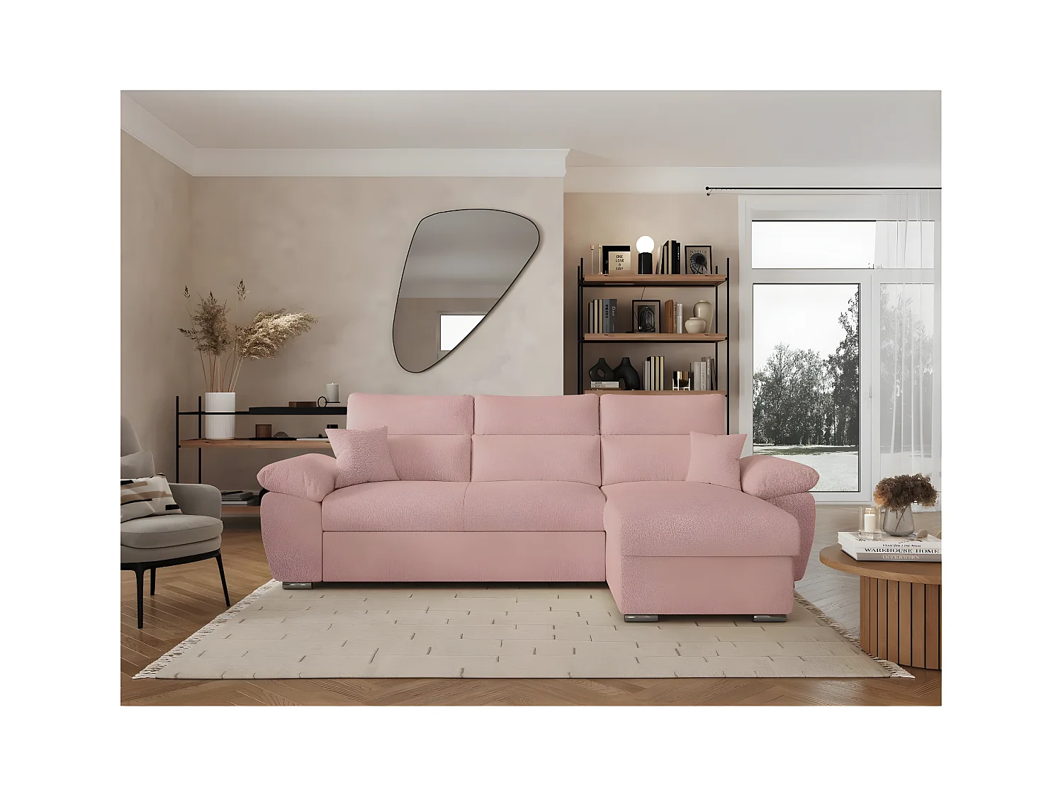 Canapé d'angle 4 places Komeco réversible convertible avec coffre en tissu bouclette - Rose - L265 x P166 x H91cm - Loungitude
