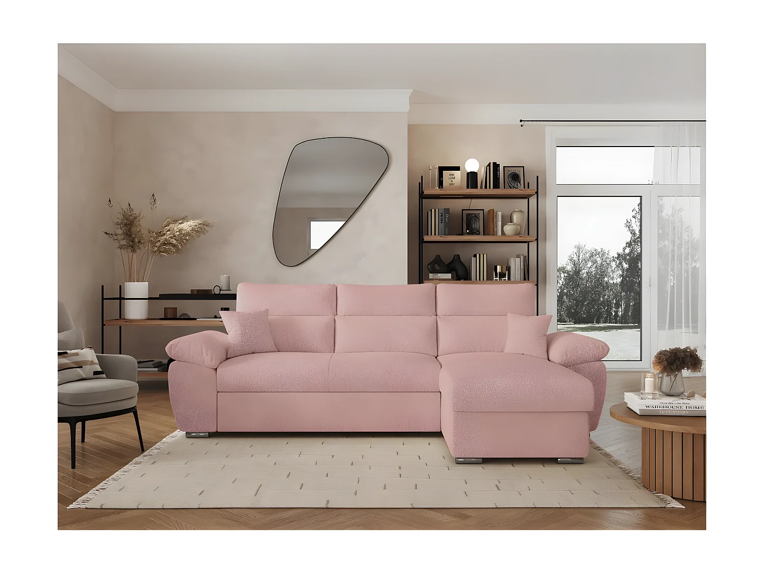 Canapé d'angle 4 places Komeco réversible convertible avec coffre en tissu bouclette - Rose - L265 x P166 x H91cm - Loungitude