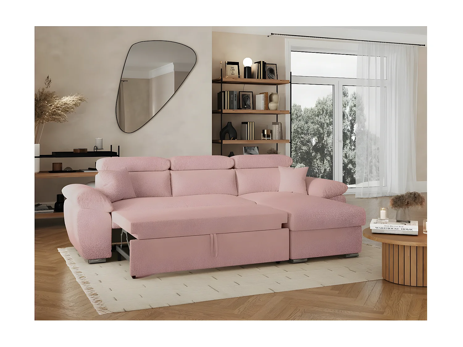 Canapé d'angle 4 places Komeco réversible convertible avec coffre en tissu bouclette - Rose - L265 x P166 x H91cm - Loungitude