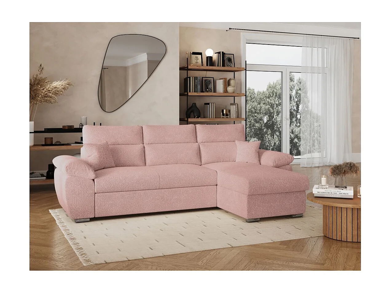 Canapé d'angle 4 places Komeco réversible convertible avec coffre en tissu bouclette - Rose - L265 x P166 x H91cm - Loungitude