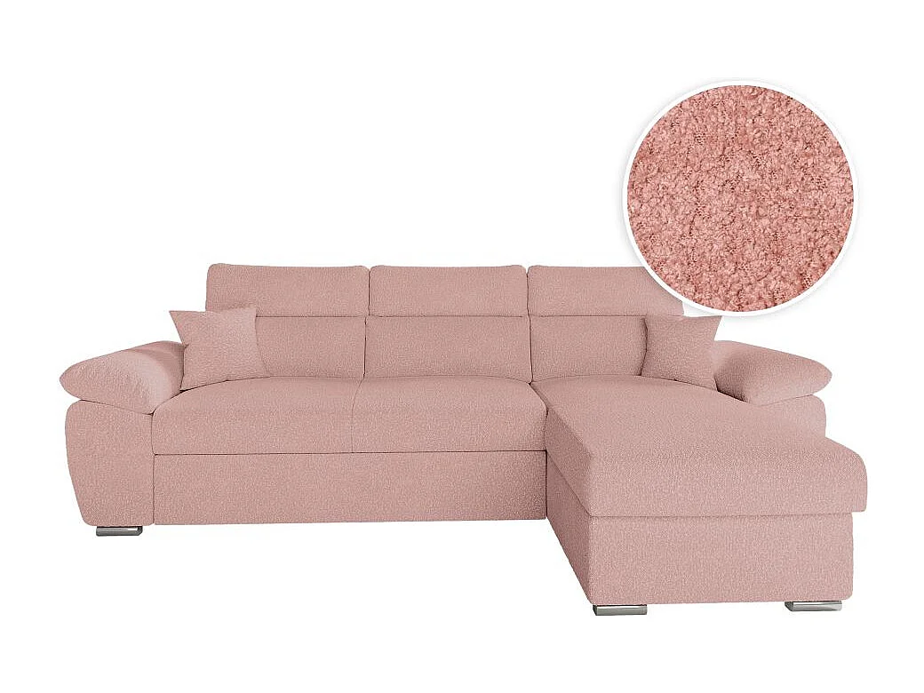 Canapé d'angle 4 places Komeco réversible convertible avec coffre en tissu bouclette - Rose - L265 x P166 x H91cm - Loungitude