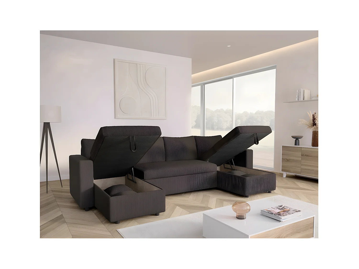 Canapé panoramique 6 places Maria convertible avec 2 coffres en velours côtelé - Gris anthracite - L295 x P146 x H81cm - Loungitude