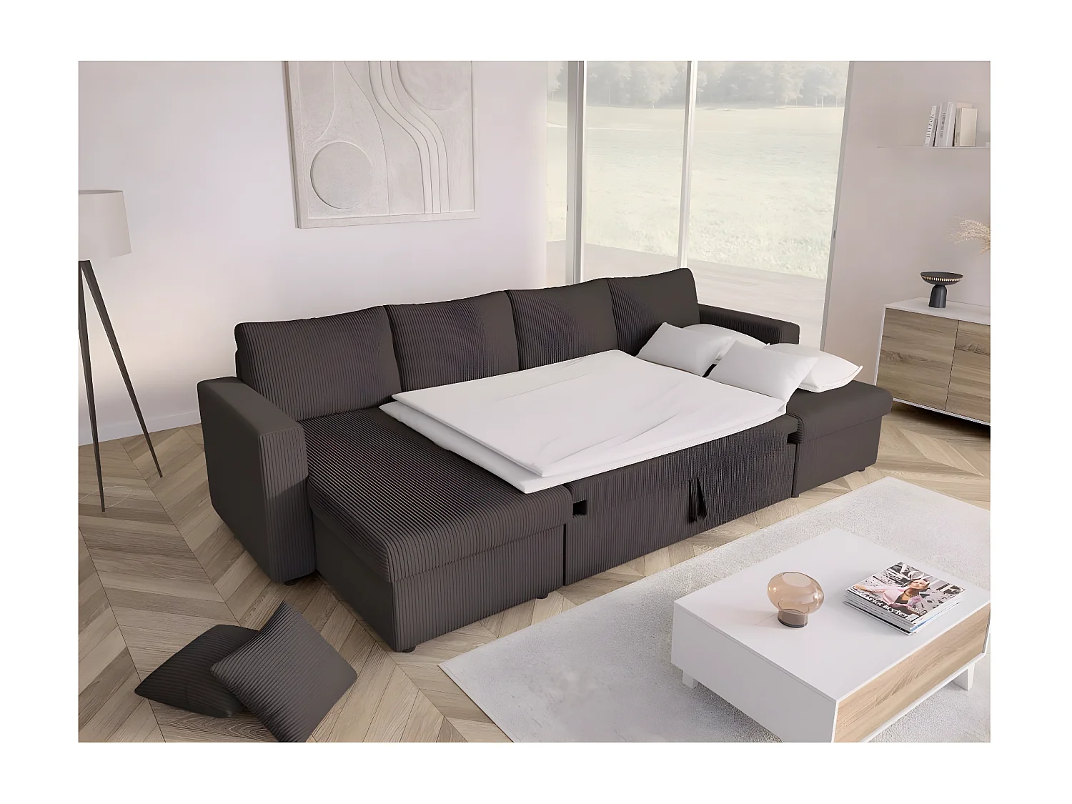 Canapé panoramique 6 places Maria convertible avec 2 coffres en velours côtelé - Gris anthracite - L295 x P146 x H81cm - Loungitude