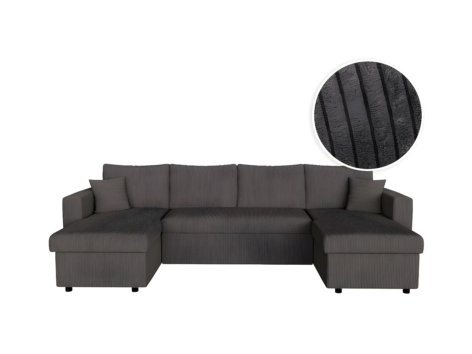 Canapé panoramique 6 places Maria convertible avec 2 coffres en velours côtelé - Gris anthracite - L295 x P146 x H81cm - Loungitude