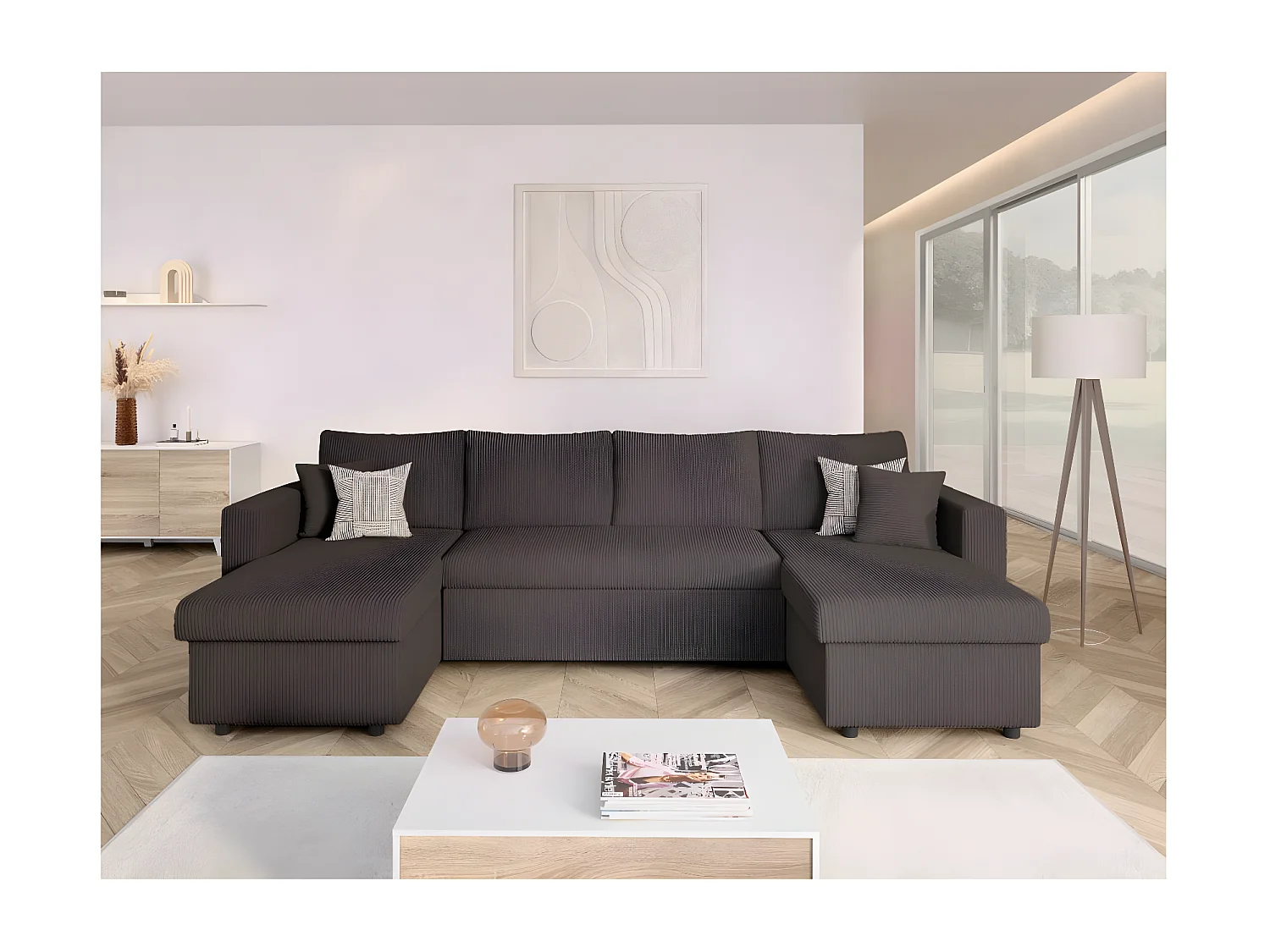 Canapé panoramique 6 places Maria convertible avec 2 coffres en velours côtelé - Gris anthracite - L295 x P146 x H81cm - Loungitude