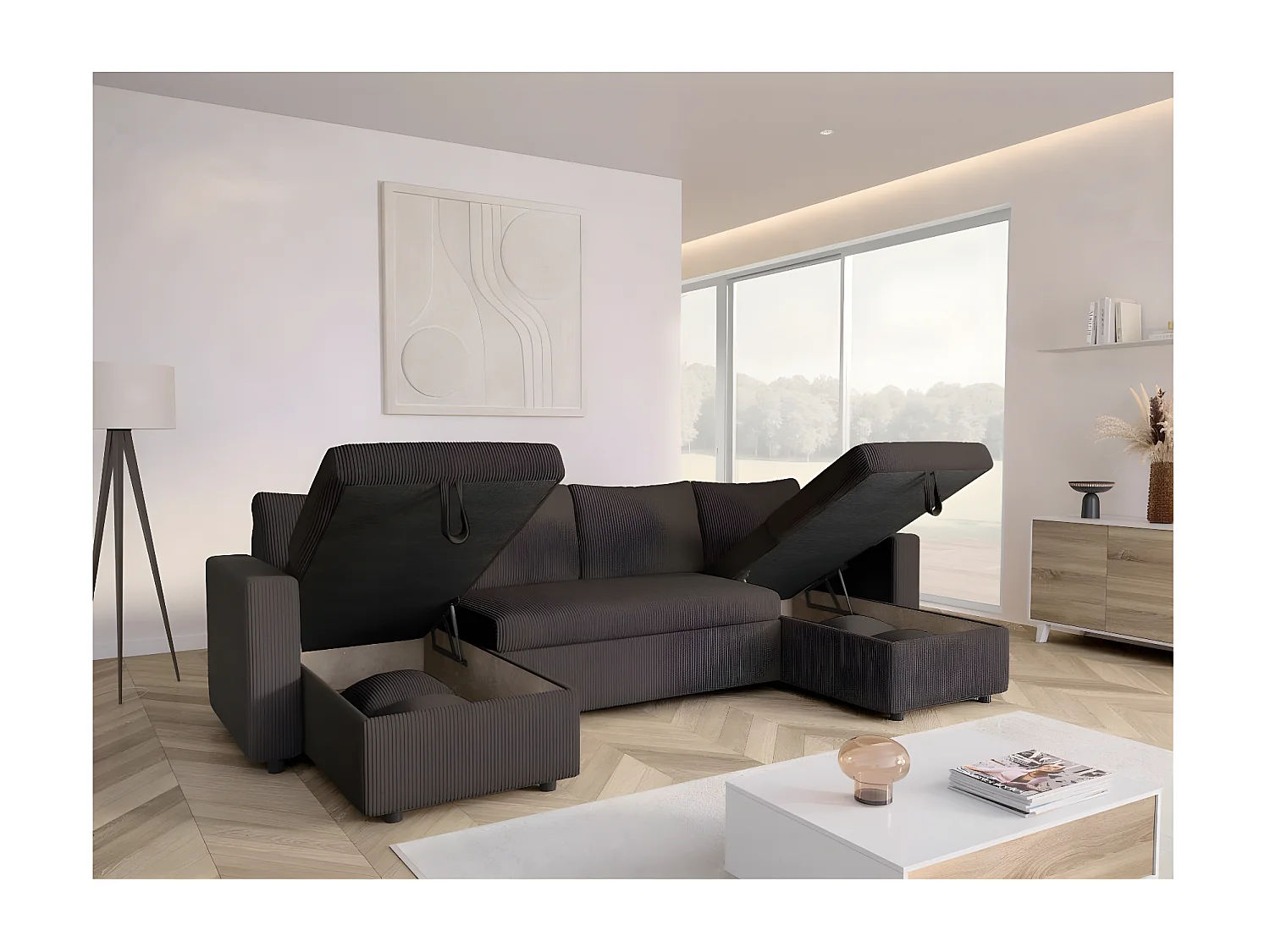 Canapé panoramique 6 places Maria convertible avec 2 coffres en velours côtelé - Gris anthracite - L295 x P146 x H81cm - Loungitude