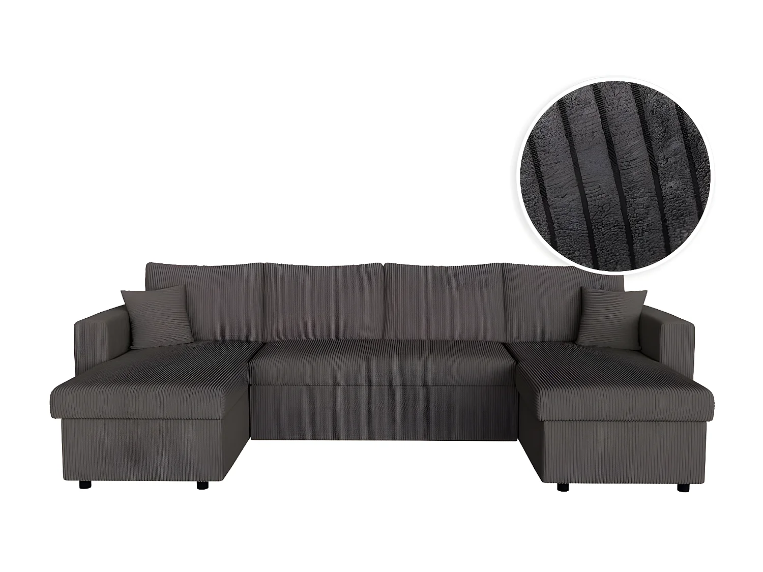Canapé panoramique 6 places Maria convertible avec 2 coffres en velours côtelé - Gris anthracite - L295 x P146 x H81cm - Loungitude