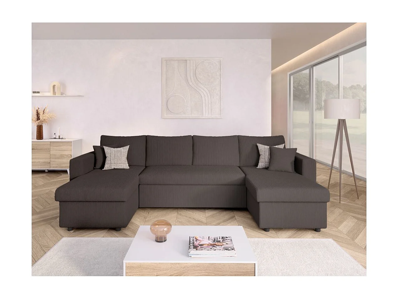 Canapé panoramique 6 places Maria convertible avec 2 coffres en velours côtelé - Gris anthracite - L295 x P146 x H81cm - Loungitude