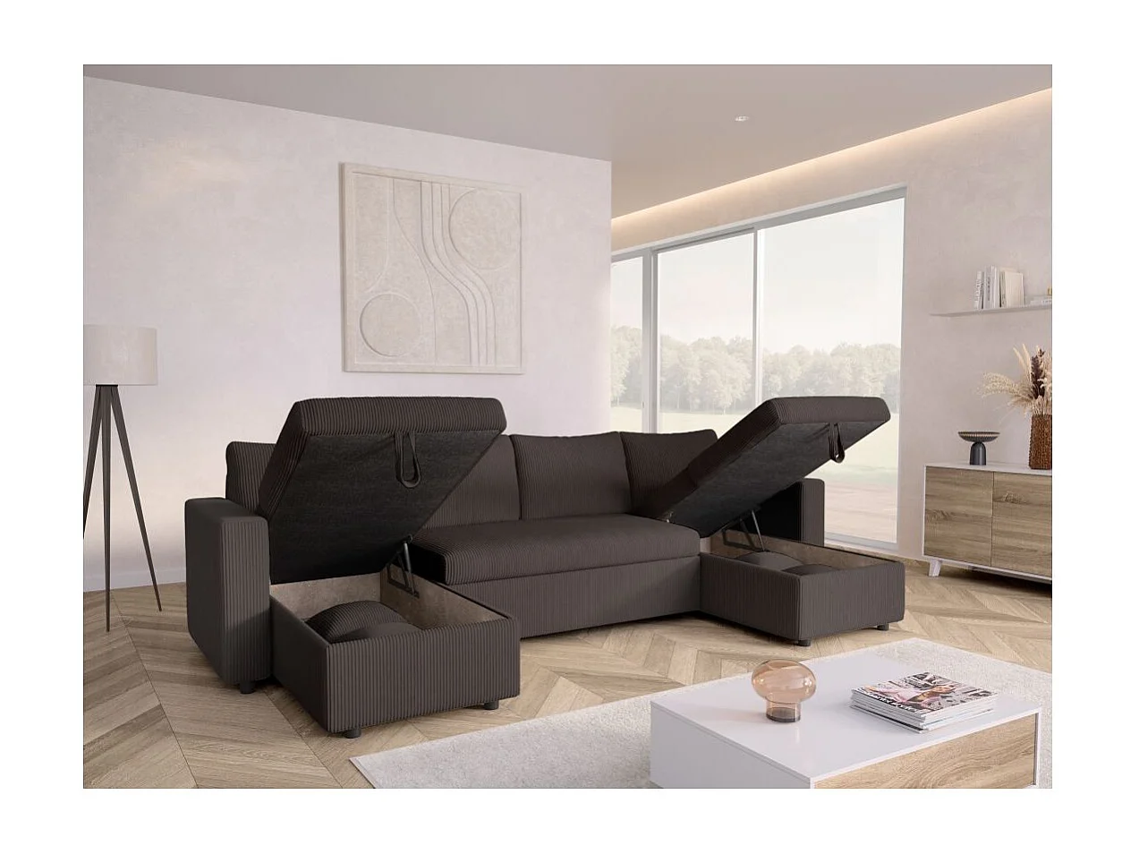 Canapé panoramique 6 places Maria convertible avec 2 coffres en velours côtelé - Gris anthracite - L295 x P146 x H81cm - Loungitude