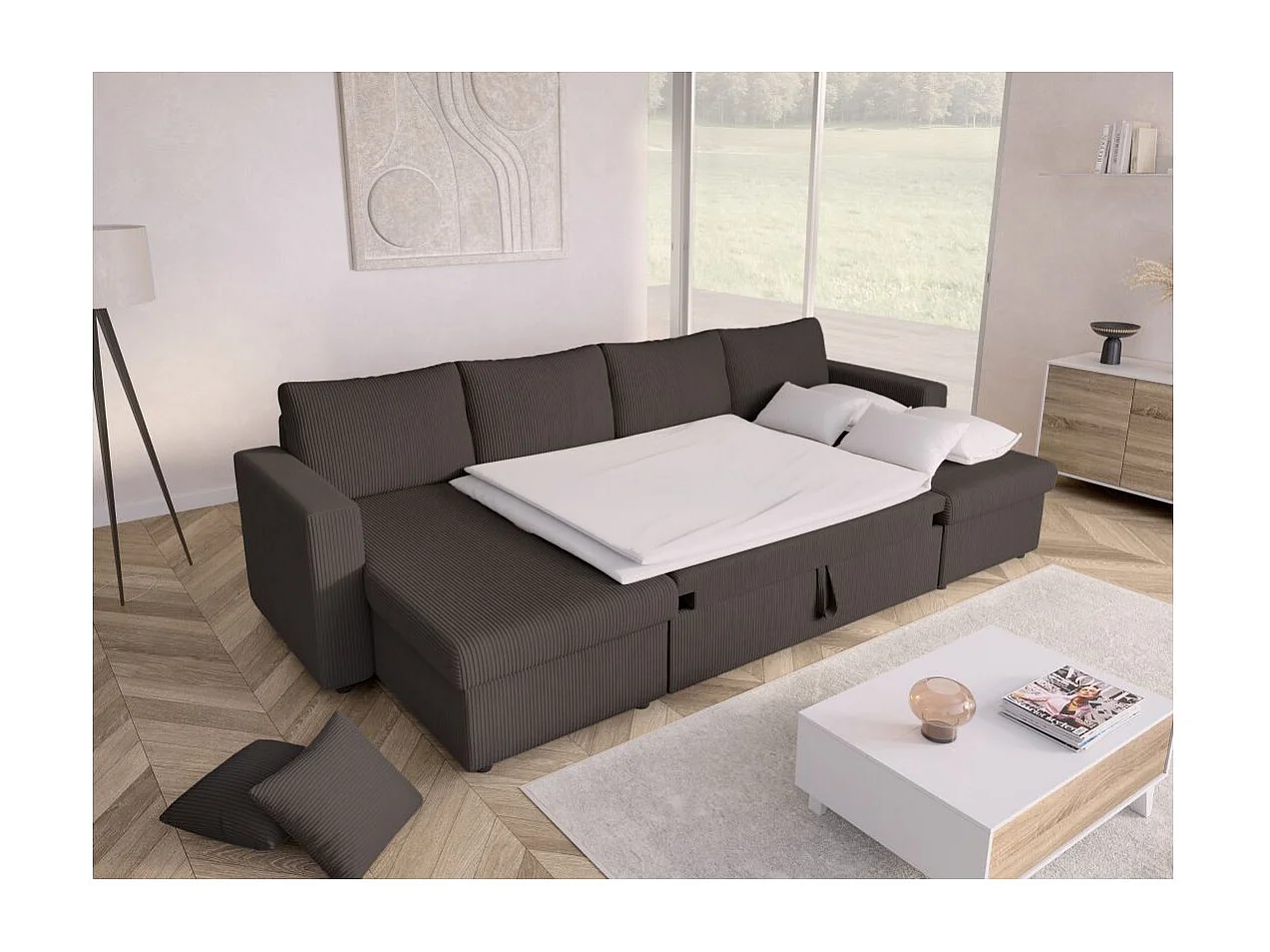 Canapé panoramique 6 places Maria convertible avec 2 coffres en velours côtelé - Gris anthracite - L295 x P146 x H81cm - Loungitude