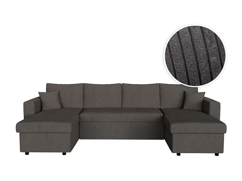 Canapé panoramique 6 places Maria convertible avec 2 coffres en velours côtelé - Gris anthracite - L295 x P146 x H81cm - Loungitude