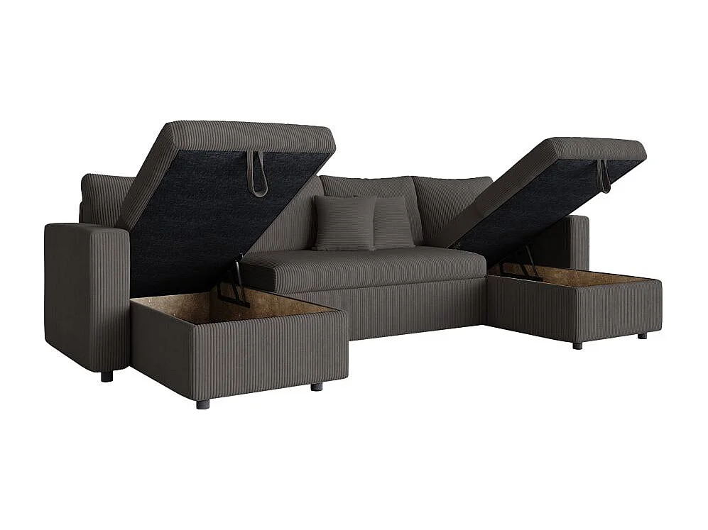 Canapé panoramique 6 places Maria convertible avec 2 coffres en velours côtelé - Gris anthracite - L295 x P146 x H81cm - Loungitude