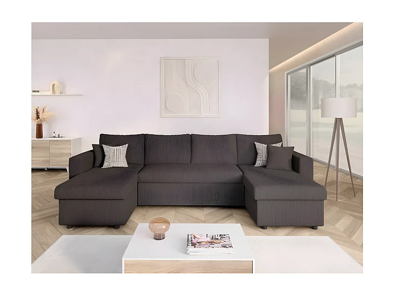 Canapé panoramique 6 places Maria convertible avec 2 coffres en velours côtelé - Gris anthracite - L295 x P146 x H81cm - Loungitude