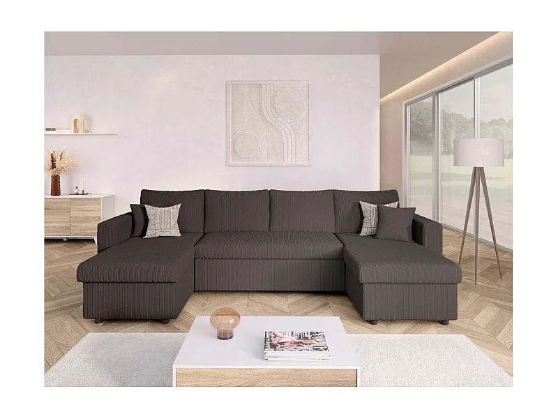 Canapé panoramique 6 places Maria convertible avec 2 coffres en velours côtelé - Gris anthracite - L295 x P146 x H81cm - Loungitude