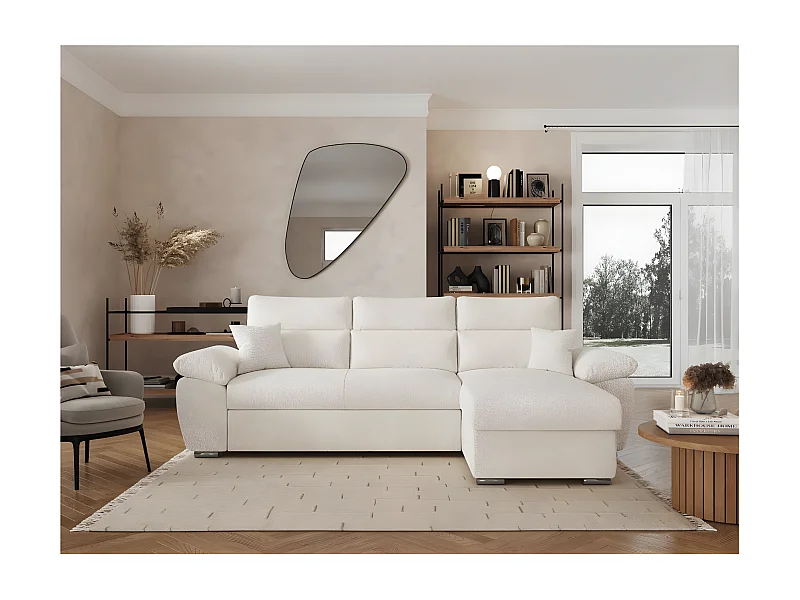 Canapé d'angle 4 places Komeco réversible convertible avec coffre en tissu bouclette - Blanc - L265 x P166 x H91cm - Loungitude