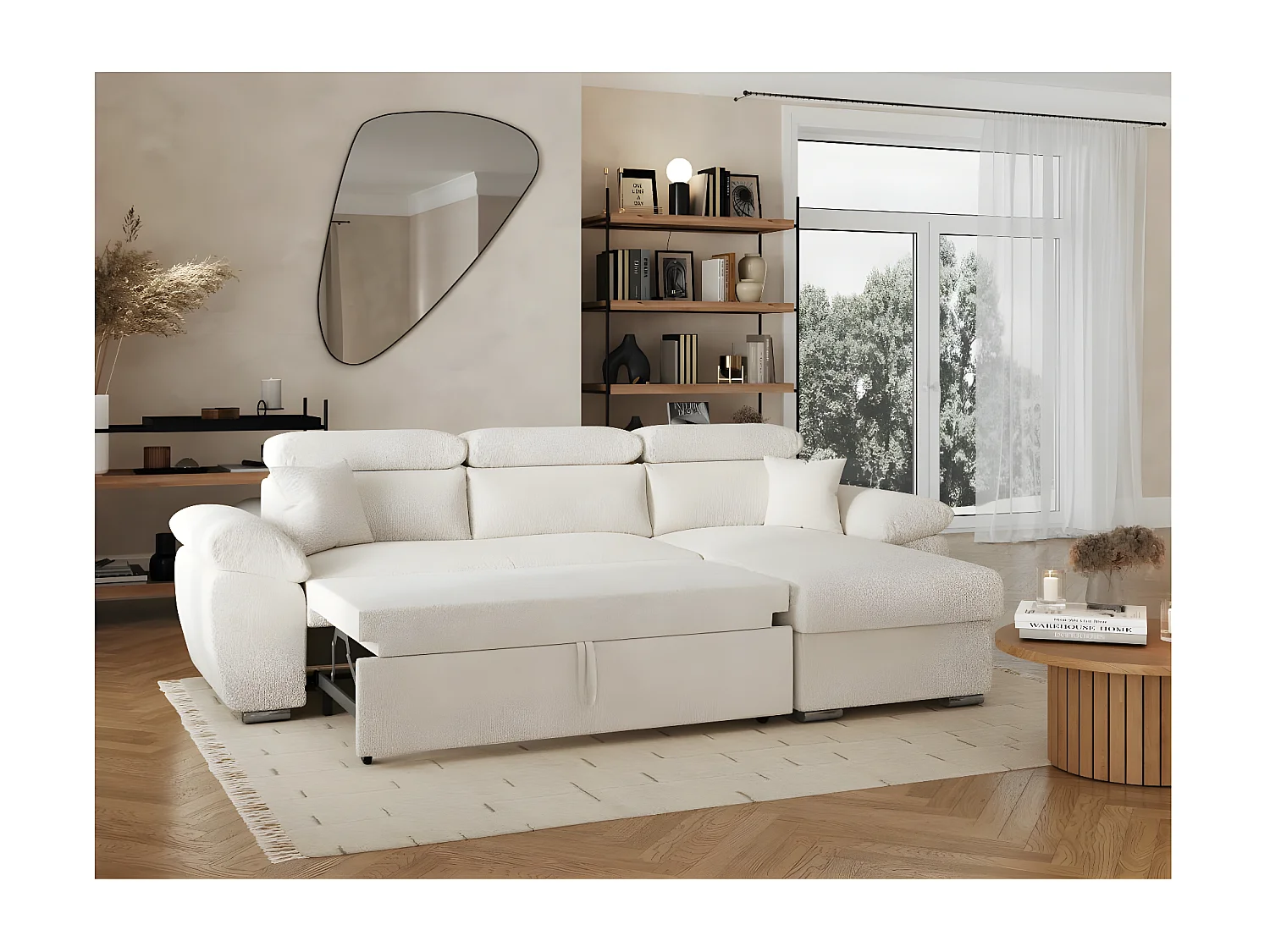 Canapé d'angle 4 places Komeco réversible convertible avec coffre en tissu bouclette - Blanc - L265 x P166 x H91cm - Loungitude