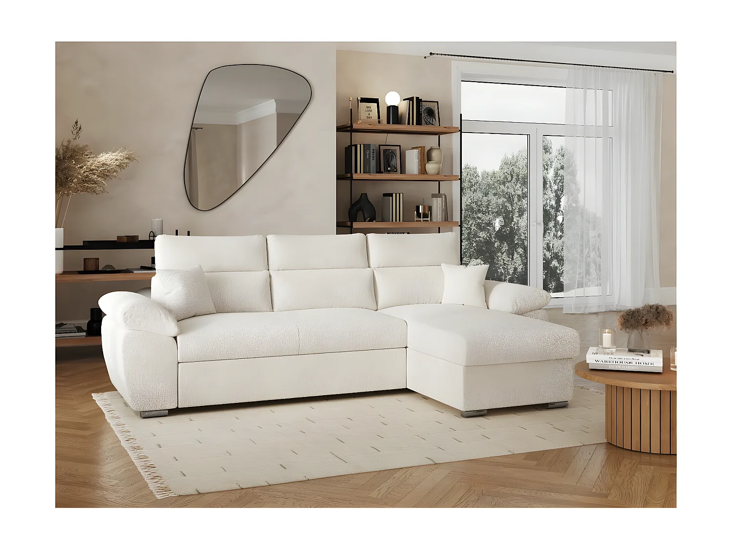Canapé d'angle 4 places Komeco réversible convertible avec coffre en tissu bouclette - Blanc - L265 x P166 x H91cm - Loungitude