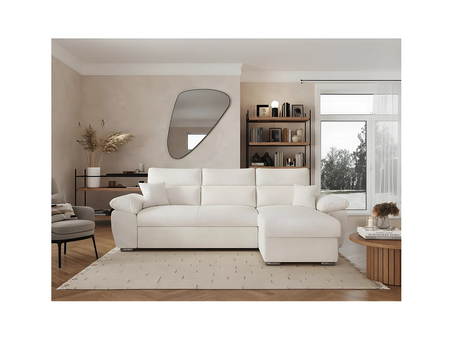 Canapé d'angle 4 places Komeco réversible convertible avec coffre en tissu bouclette - Blanc - L265 x P166 x H91cm - Loungitude