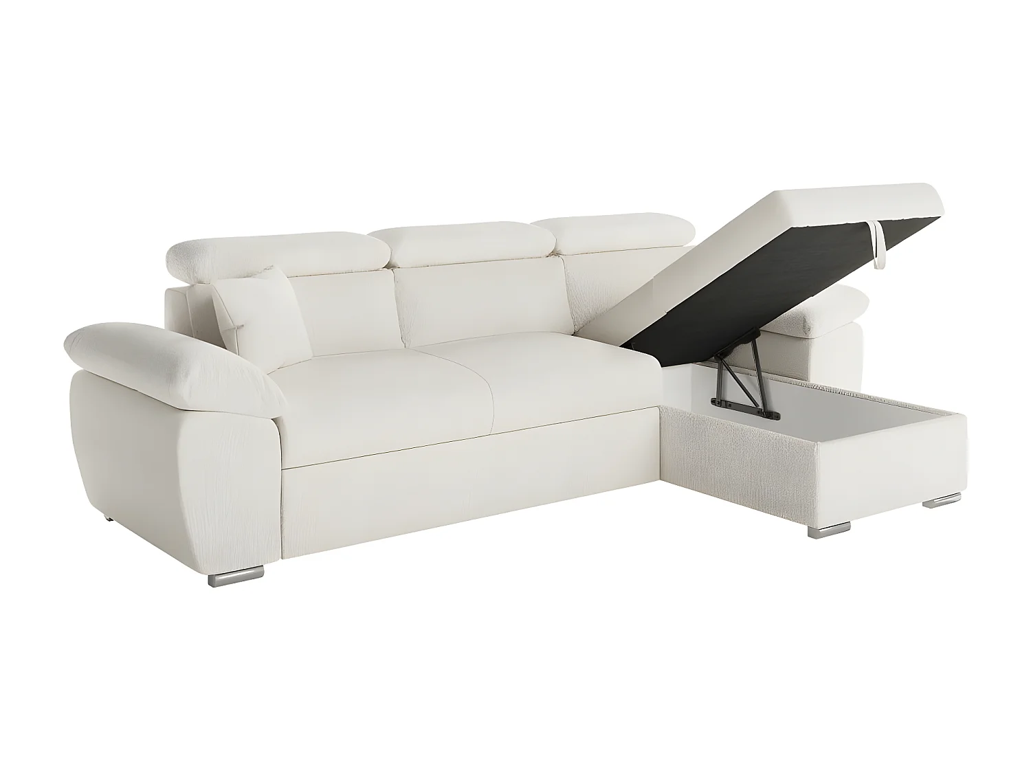 Canapé d'angle 4 places Komeco réversible convertible avec coffre en tissu bouclette - Blanc - L265 x P166 x H91cm - Loungitude