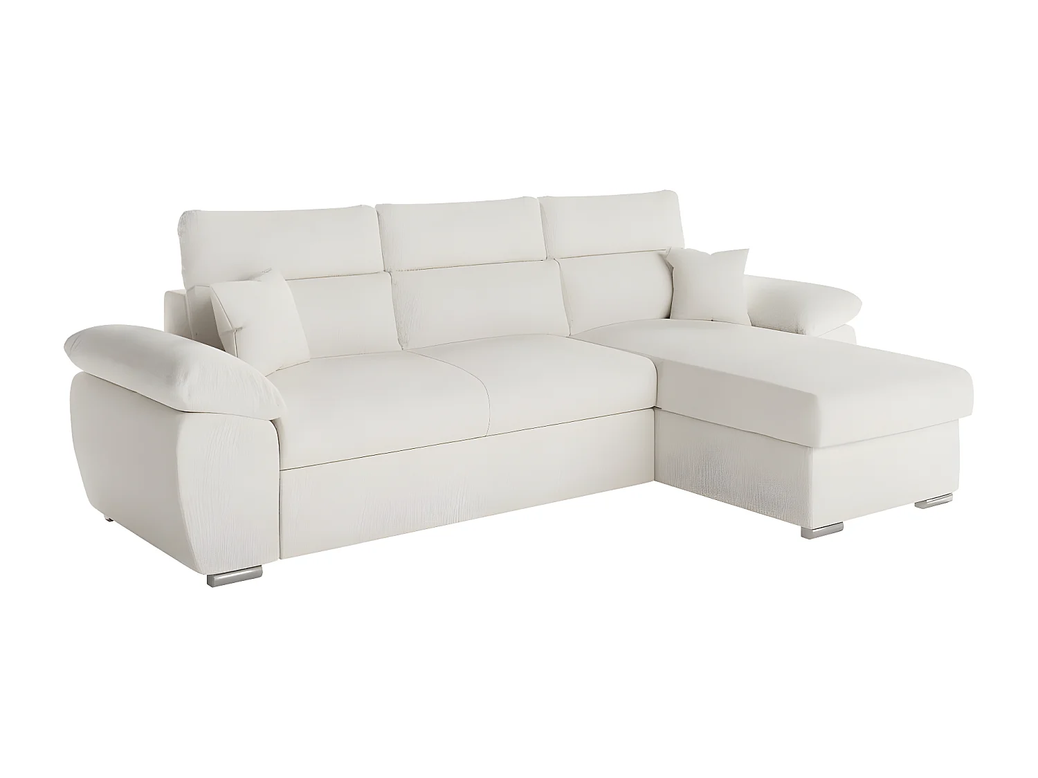 Canapé d'angle 4 places Komeco réversible convertible avec coffre en tissu bouclette - Blanc - L265 x P166 x H91cm - Loungitude
